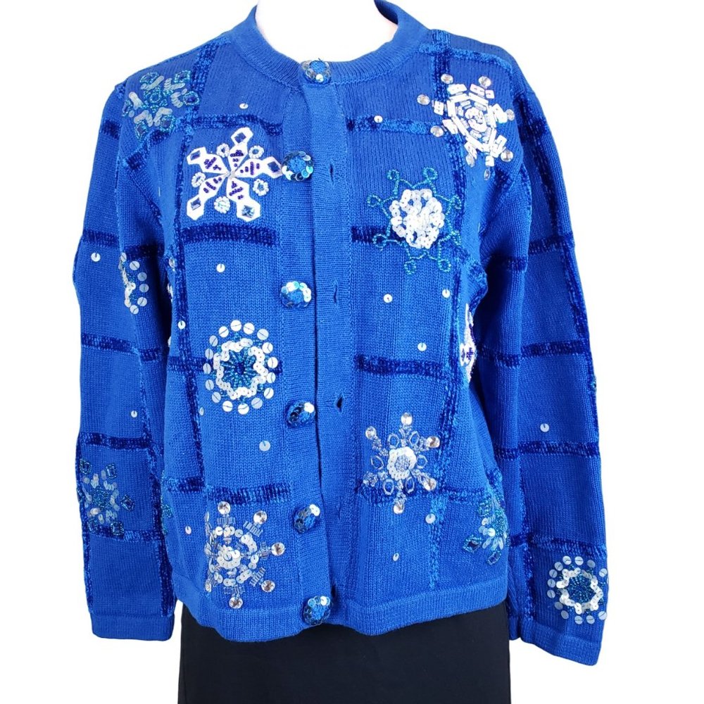 Christmas Snowflake Embellished Royal Blue Cardigan Large, fits Medium to Large